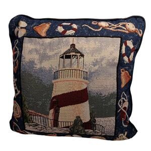 Lighthouse & Nautical Coastal Scene Mohawk Home Vtg Pillow Blue Burgundy 15" USA